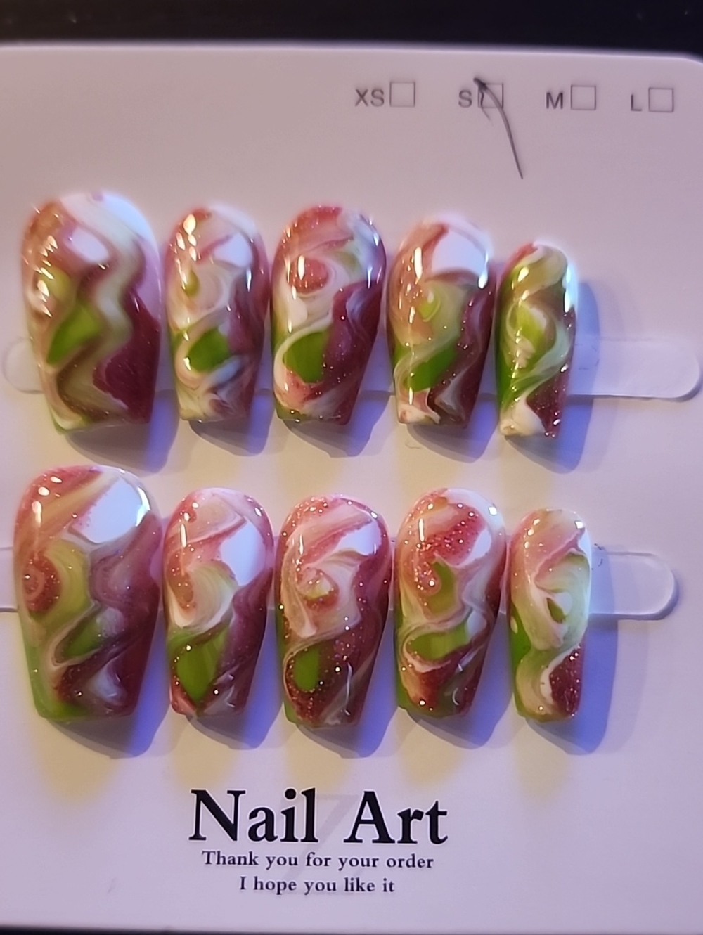 Nail Art Press-On Set in Pink, Green & White - Size Small